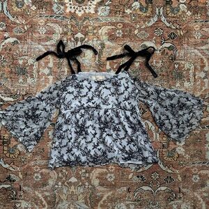 LOFT Floral Bell Sleeve Top with Black Ties Medium Petite